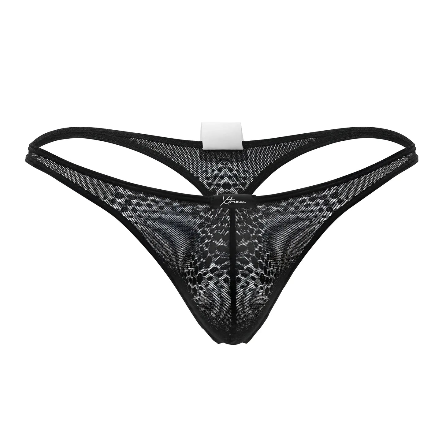 Black xtremen 91120 lace thong made of mesh with subtle pattern and reinforced edges shown from the back side