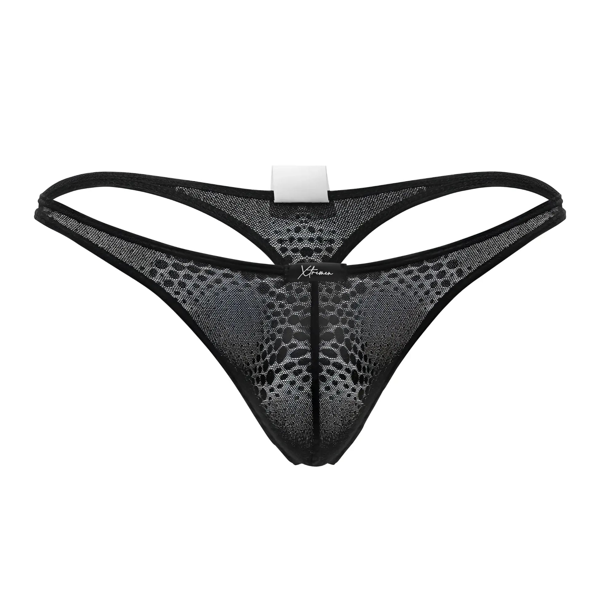 Black xtremen 91120 lace thong made of mesh with subtle pattern and reinforced edges shown from the back side