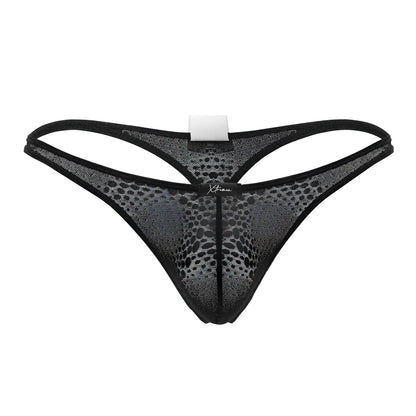 Black xtremen 91120 lace thong made of mesh with subtle pattern and reinforced edges shown from the back side
