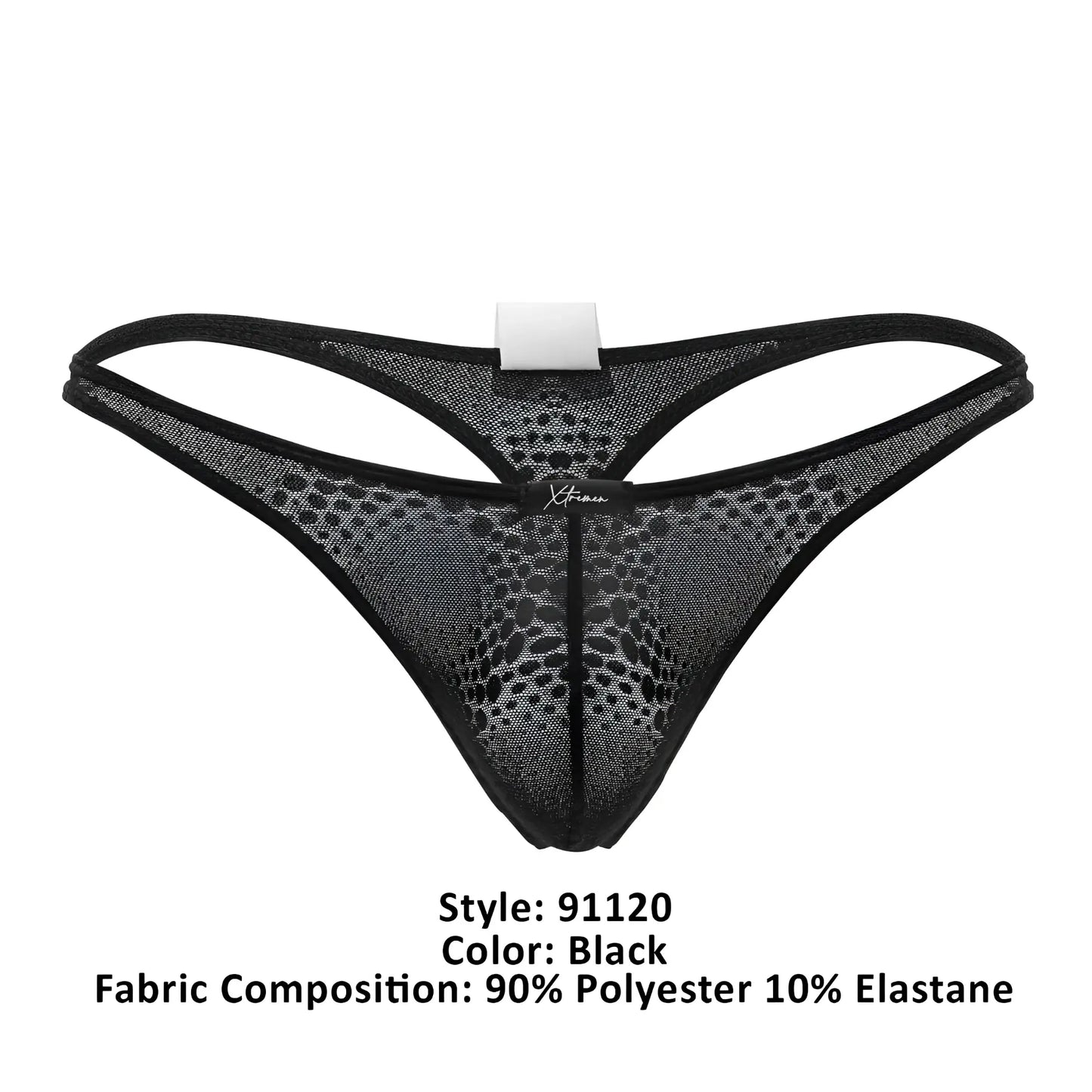 Black mesh thong xtremen 91120 with subtle pattern and reinforced edges, showing the back side of the lace thong