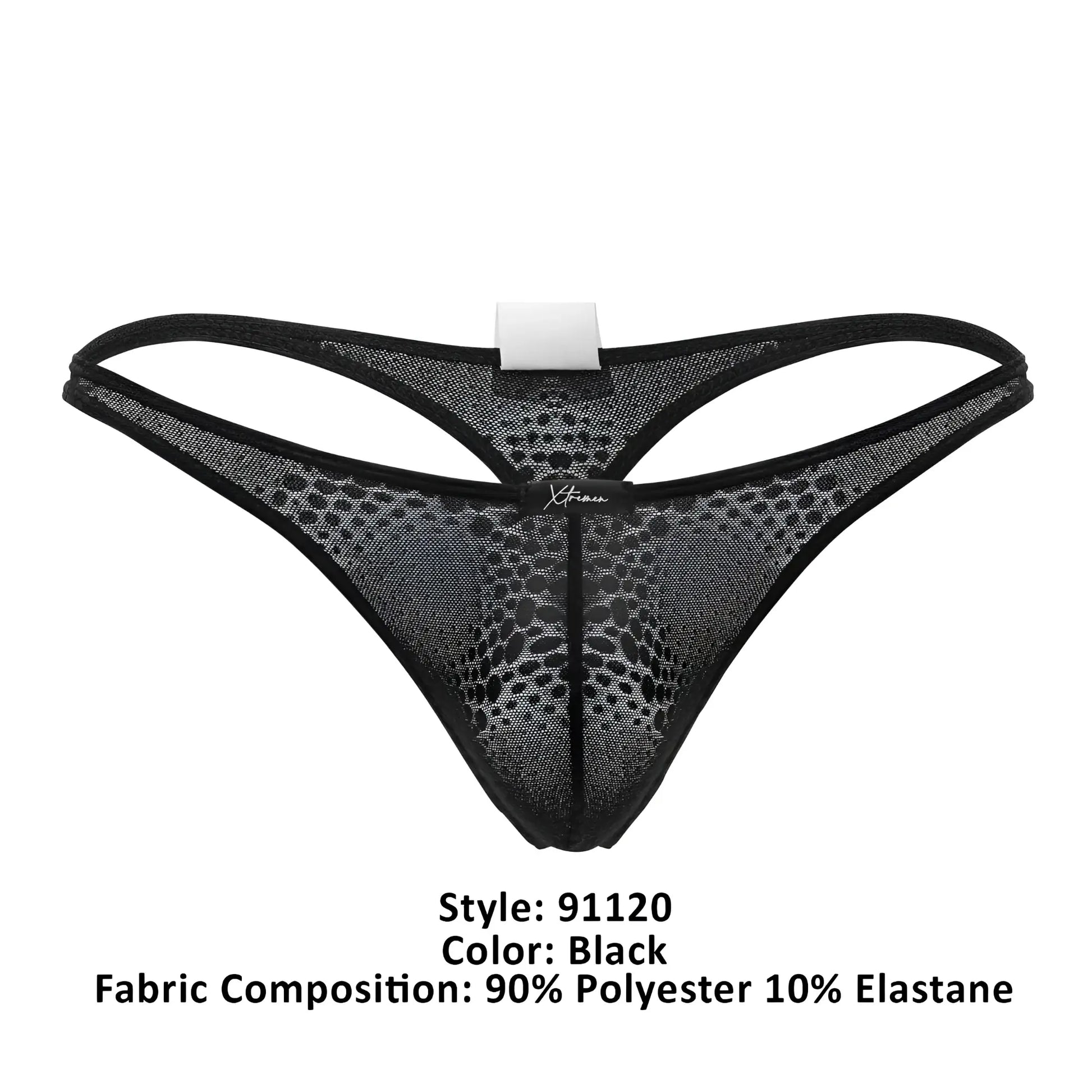 Black mesh thong xtremen 91120 with subtle pattern and reinforced edges, showing the back side of the lace thong