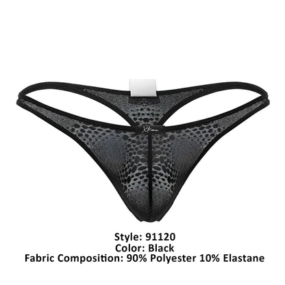 Black mesh thong xtremen 91120 with subtle pattern and reinforced edges, showing the back side of the lace thong