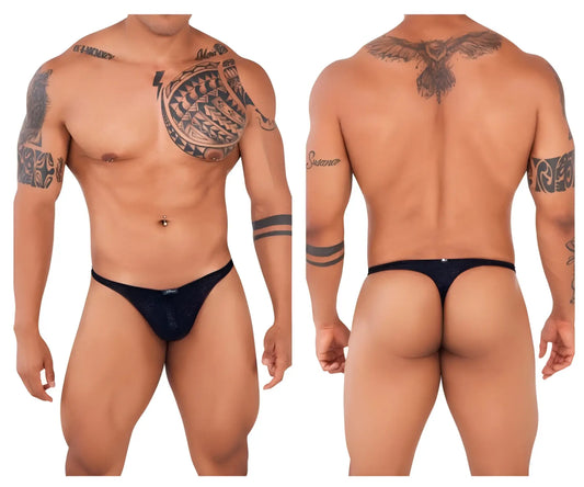 Black mesh thong with subtle textured pattern from xtremen 91120 lace thongs collection shown from back side