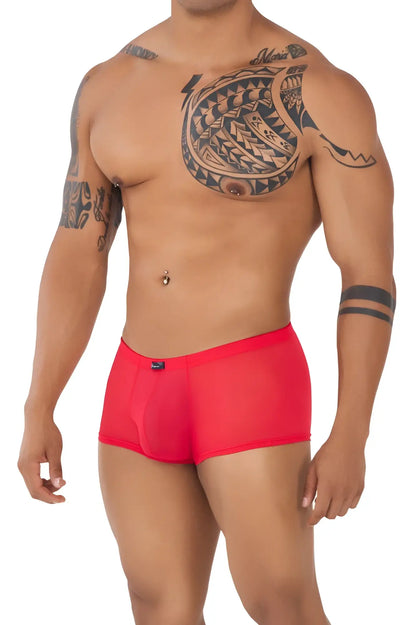 Xtremen 91127 mesh trunks are bright red sheer men’s briefs with a small blue brand tag on the waistband