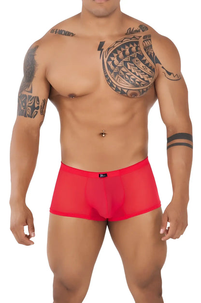 Red sheer mesh briefs with a black brand tag on the waistband from xtremen 91127 mesh trunks color red