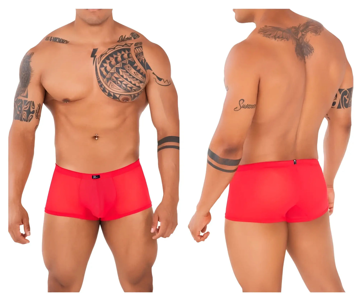 Red xtremen 91127 mesh trunks with sheer fabric and black logo waistband in a brief style