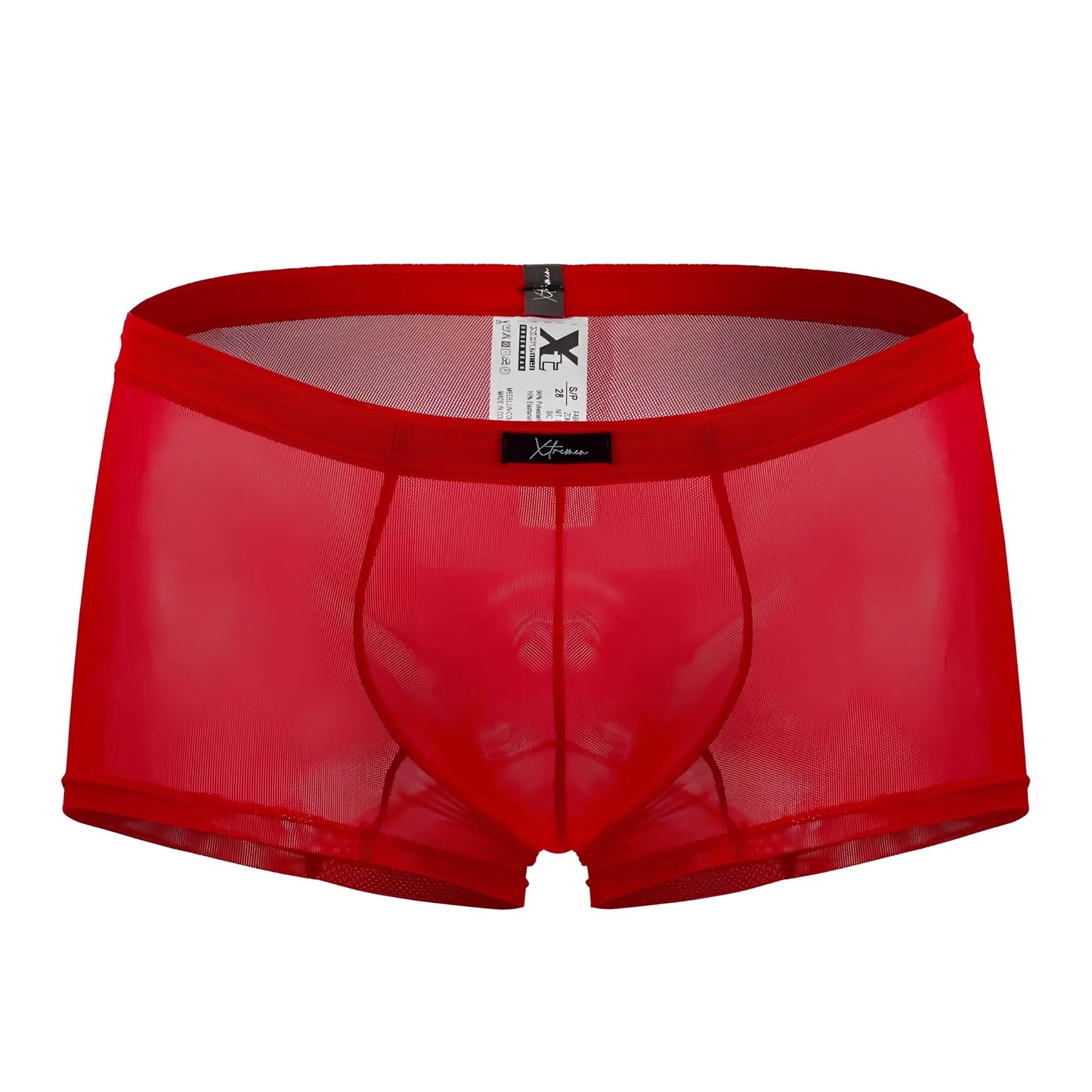 Xtremen 91127 mesh trunks in red sheer mesh with solid red waistband and black brand tag for men