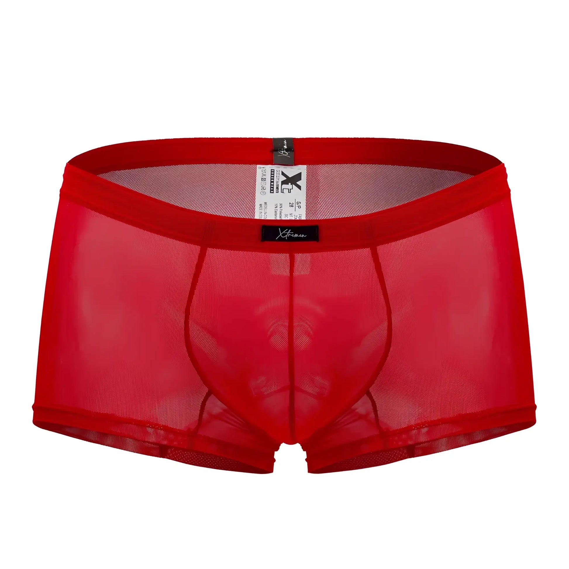 Xtremen 91127 mesh trunks in red sheer mesh with solid red waistband and black brand tag for men