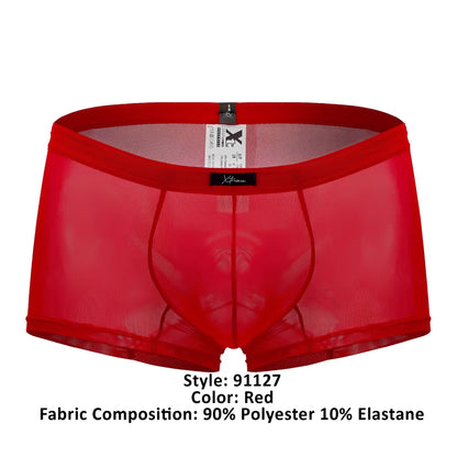 Xtremen 91127 mesh trunks in red with sheer mesh briefs and solid waistband featuring black brand tags