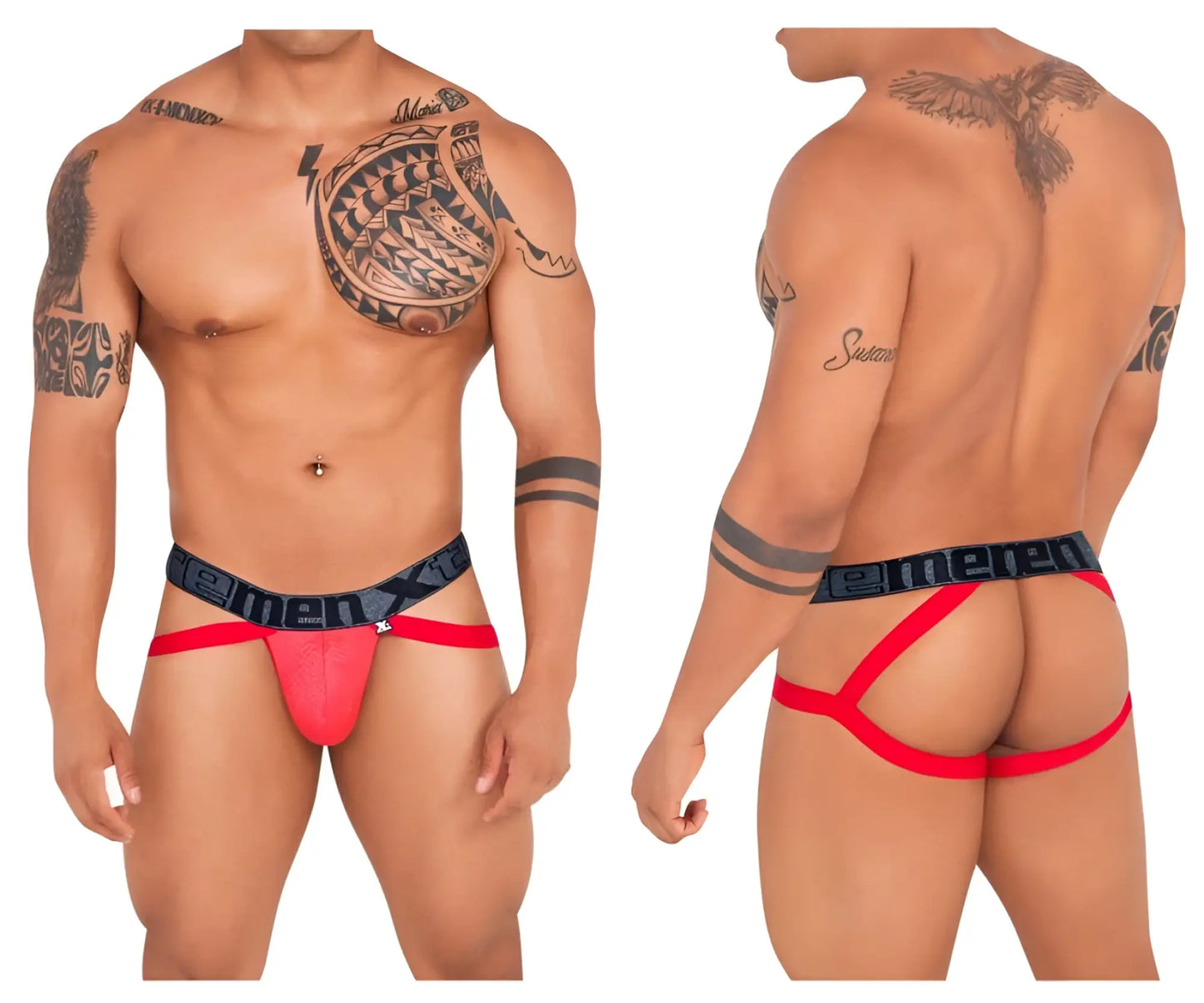 Red and black Xtremen 91128 snake print jockstrap with bold patterned waistband featuring brand name
