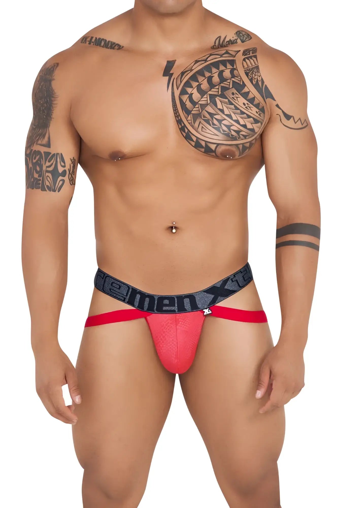 Xtremen 91128 red snake print jockstrap with red and black textured front panel for men
