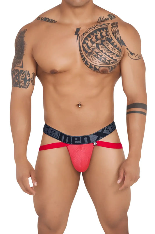 Xtremen 91128 red snake print jockstrap with red and black textured front panel for men