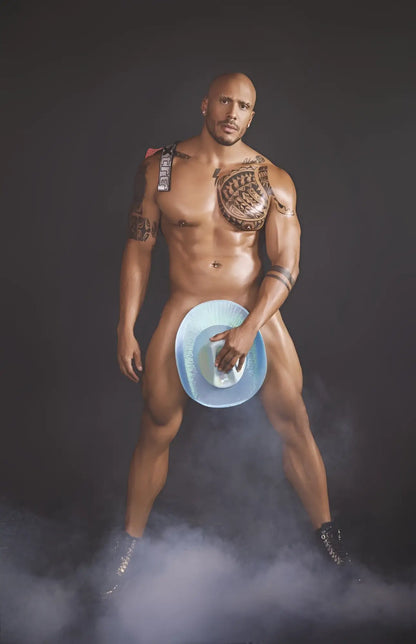 Muscular man holding a blue cowboy hat with white interior wearing xtremen 91128 snake print red jockstrap