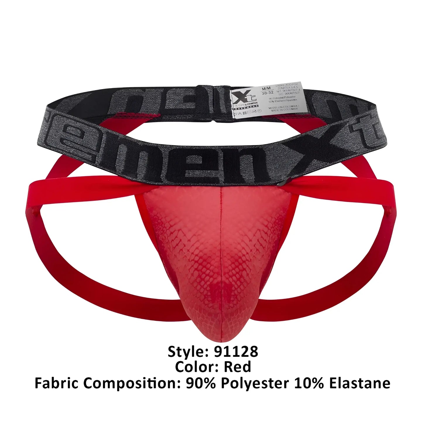 Red xtremen 91128 jockstrap briefs with snake-skin textured front and black menxt logo waistband