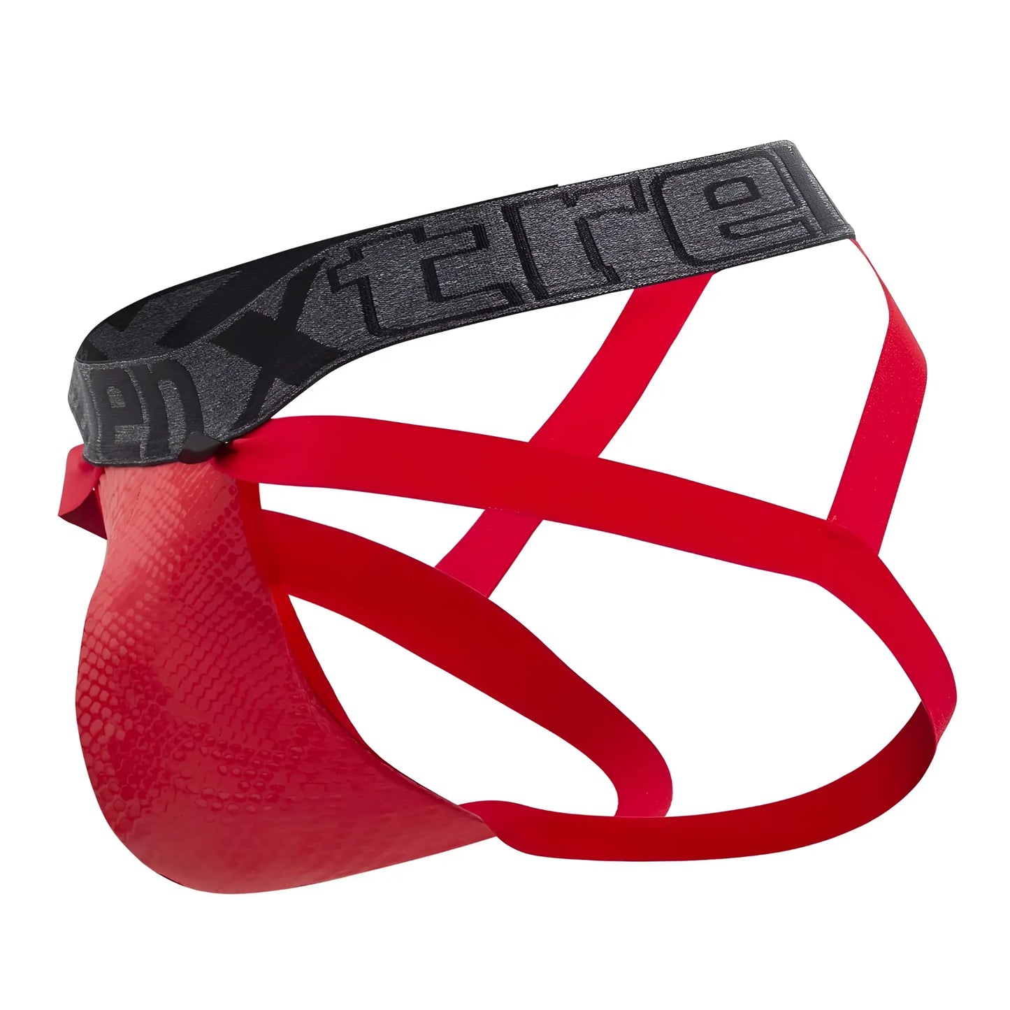 Red snakeskin-patterned men’s briefs with black xtreme waistband from xtremen 91128 snake print jockstrap color red