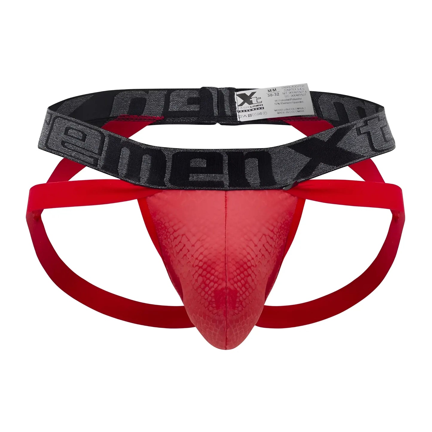 Red snakeskin-patterned men’s briefs with black elastic waistband featuring element x logo xtremen 91128 snake print jockstrap