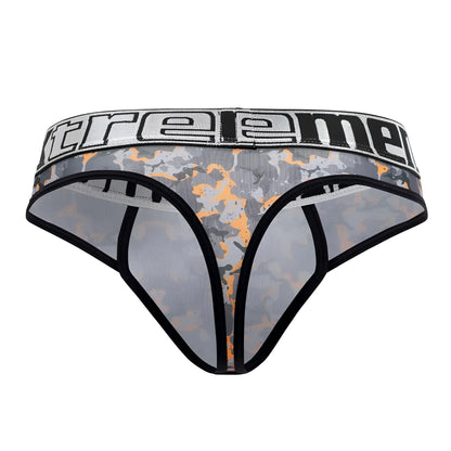 Xtremen 91131 printed thongs in gray orange camouflage with black trim and xtreme branded waistband for men