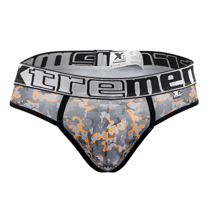 Xtremen 91131 printed thongs in gray and orange camouflage with a black waistband featuring bold white xtremen branding