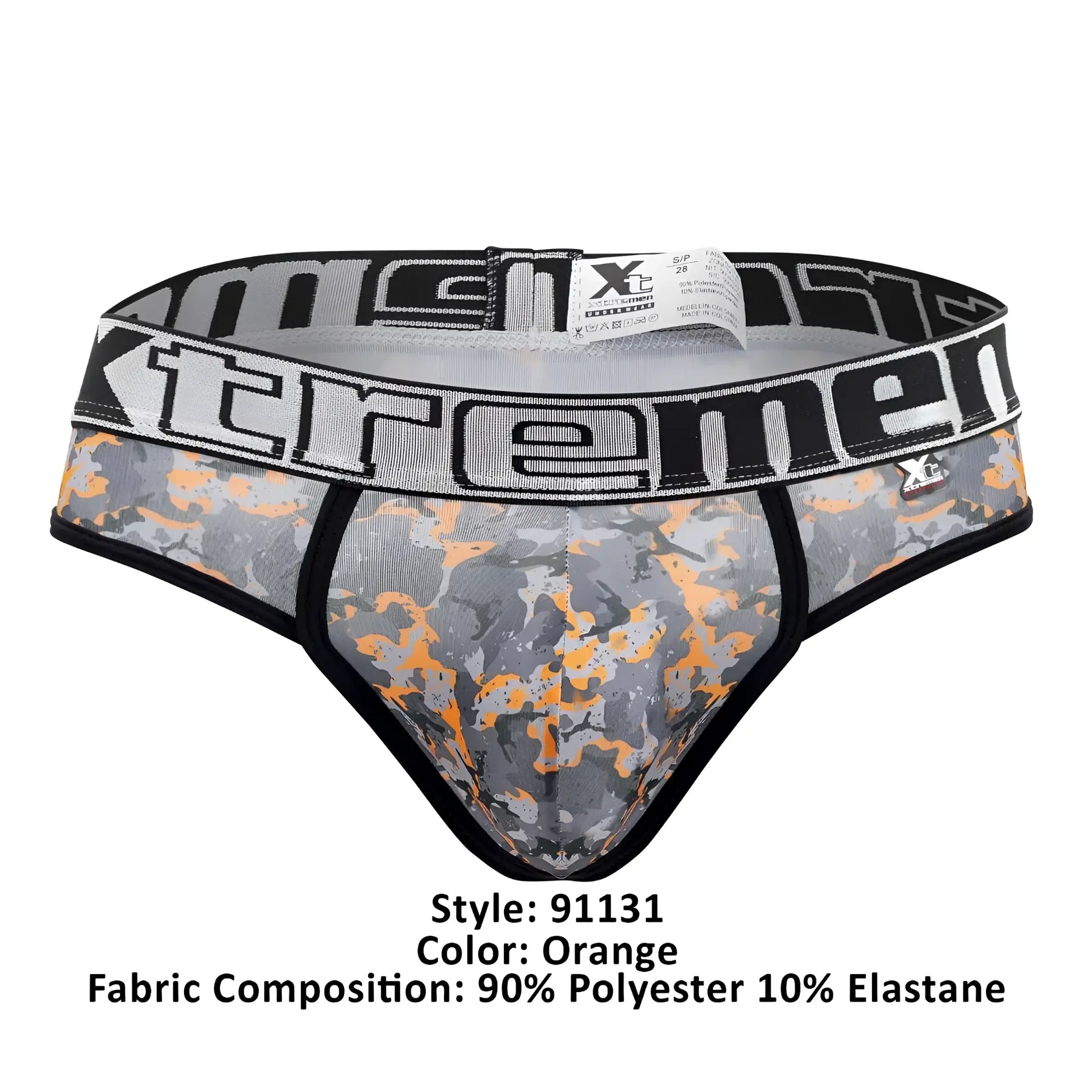 Gray and orange camouflage xtremen 91131 printed thongs for men with black waistband and xtreme logo