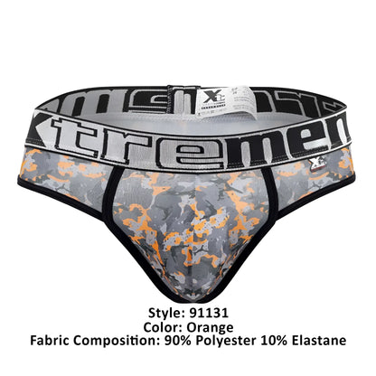 Gray and orange camouflage xtremen 91131 printed thongs for men with black waistband and xtreme logo