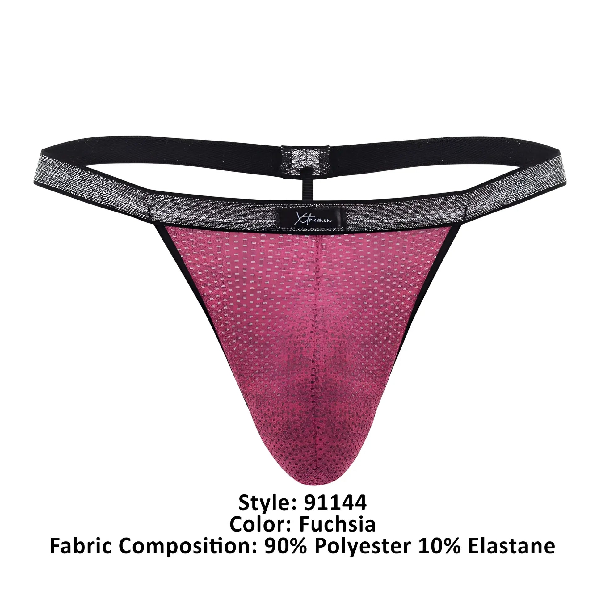 Fuchsia xtremen 91144 mesh g-string with glittery textured fabric and black elastic waistband with brand label