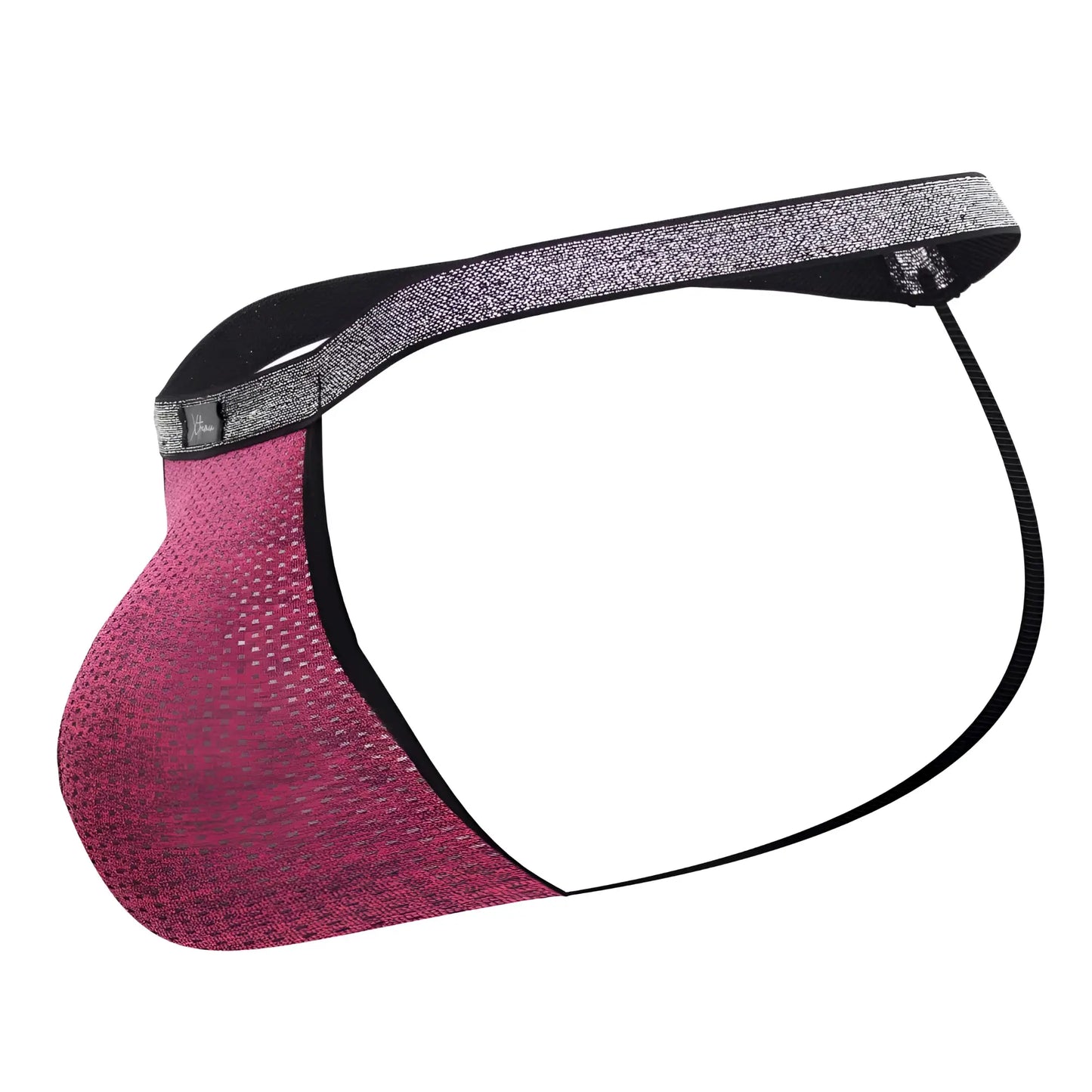Pink mesh athletic brief xtremen 91144 g-string in fuchsia with black elastic waistband and silver glitter trim