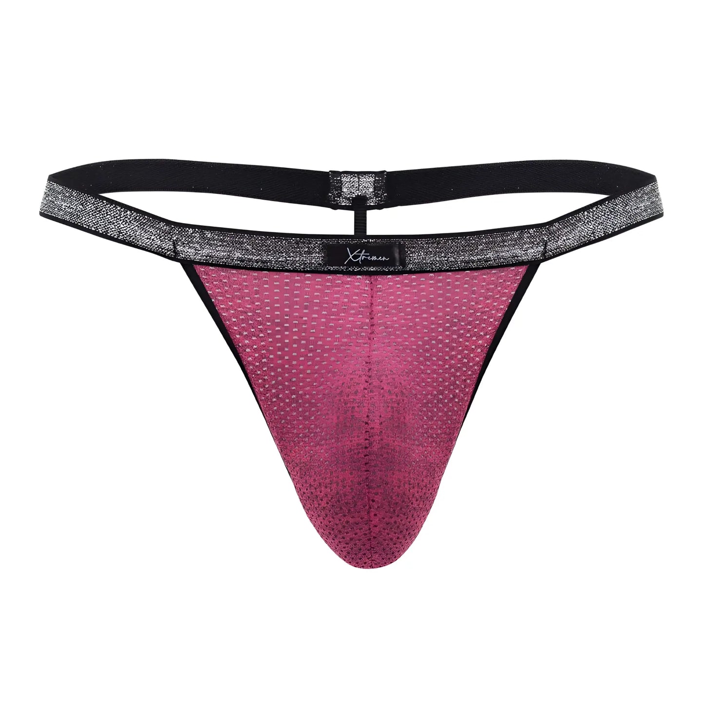 Pink mesh thong with black elastic waistband and silver glitter trim xtremen 91144 mesh g-string color fuchsia