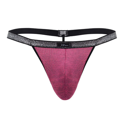 Pink mesh thong with black elastic waistband and silver glitter trim xtremen 91144 mesh g-string color fuchsia