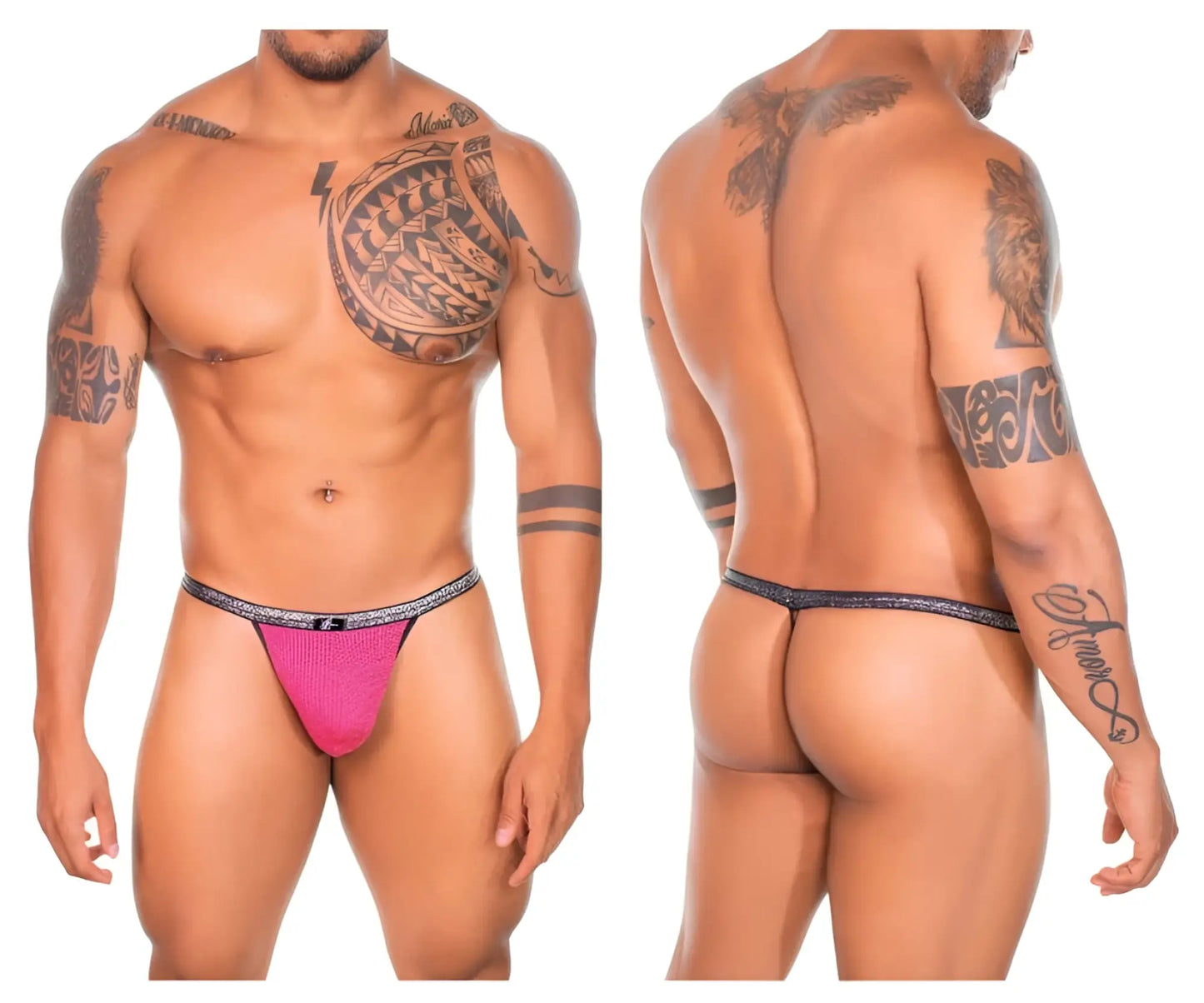 Vibrant pink xtremen 91144 mesh g-string briefs with black and silver patterned waistband in fuchsia color