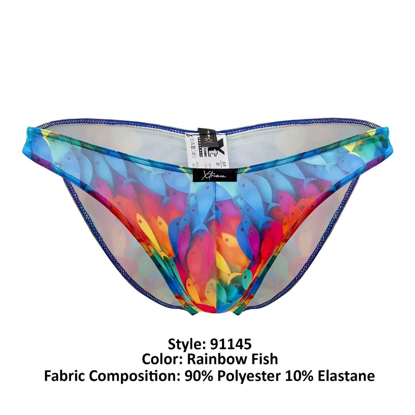 Xtremen 91145 rainbow fish printed microfiber bikini bottom with transparent mesh, blue trim, and black brand tag