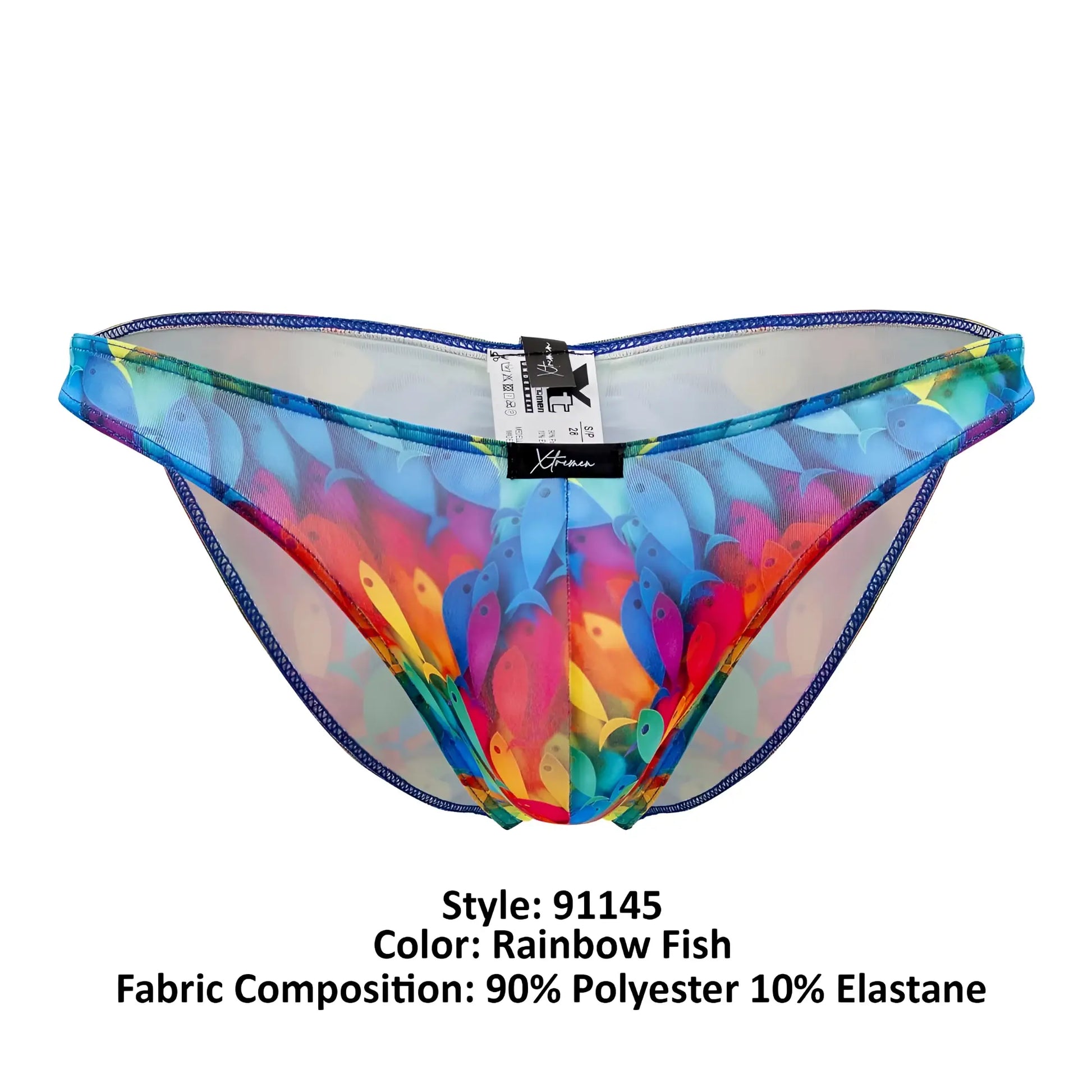 Xtremen 91145 rainbow fish printed microfiber bikini bottom with transparent mesh, blue trim, and black brand tag