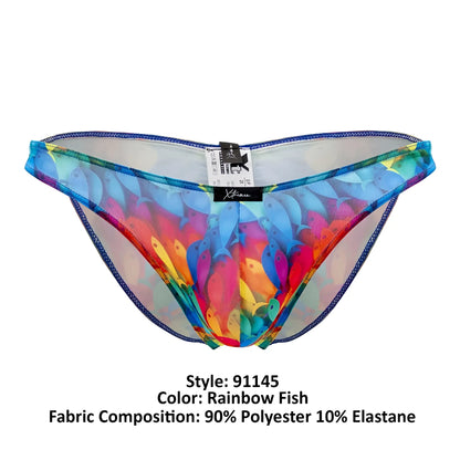 Xtremen 91145 rainbow fish printed microfiber bikini bottom with transparent mesh, blue trim, and black brand tag
