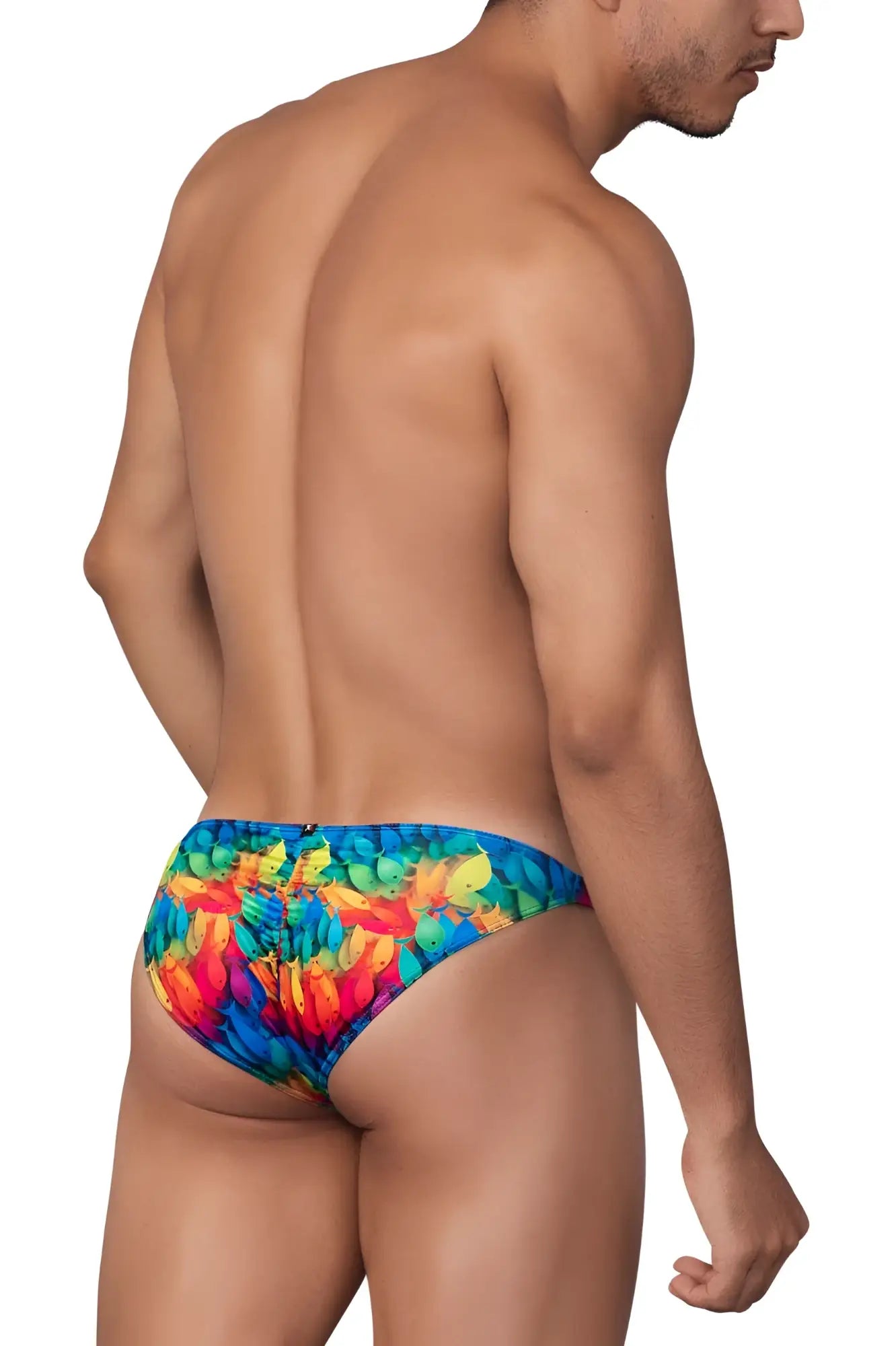 Xtremen 91145 printed microfiber bikini with vibrant multicolored tropical fish print on bold blue base swim trunks