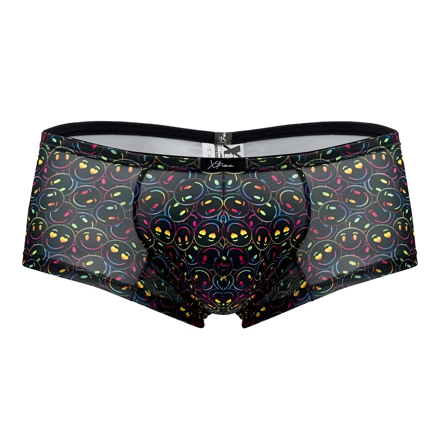 Black mesh Xtremen 91147 printed microfiber trunks with vibrant glowing rainbow smiley face pattern