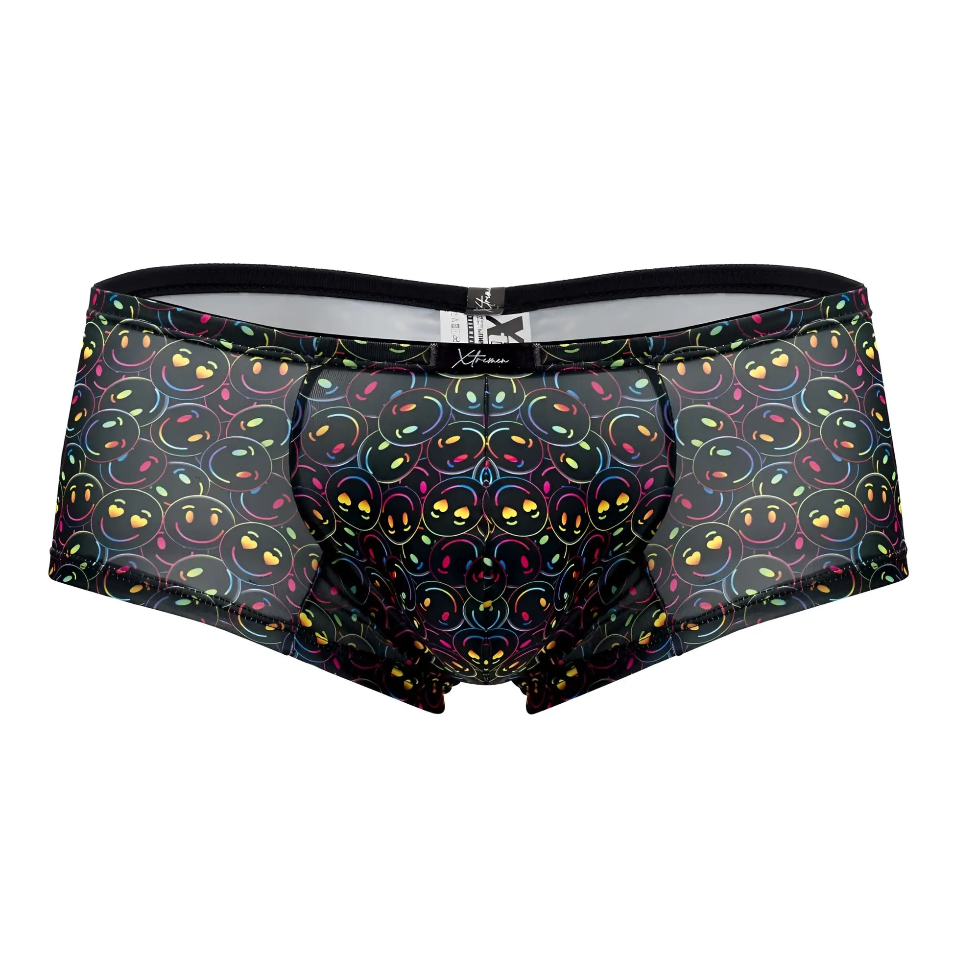Black mesh Xtremen 91147 printed microfiber trunks with vibrant glowing rainbow smiley face pattern