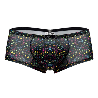 Black mesh Xtremen 91147 printed microfiber trunks with vibrant glowing rainbow smiley face pattern