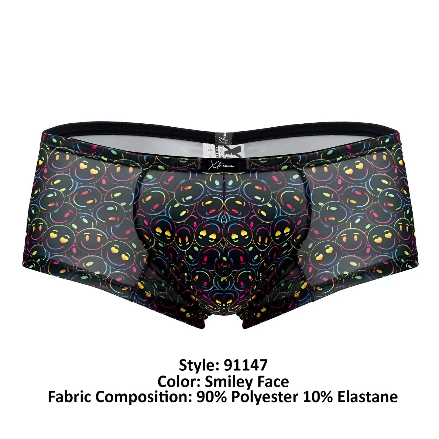 Black sheer microfiber briefs featuring a vibrant rainbow-outlined smiling face and heart pattern xtremen 91147 printed trunks