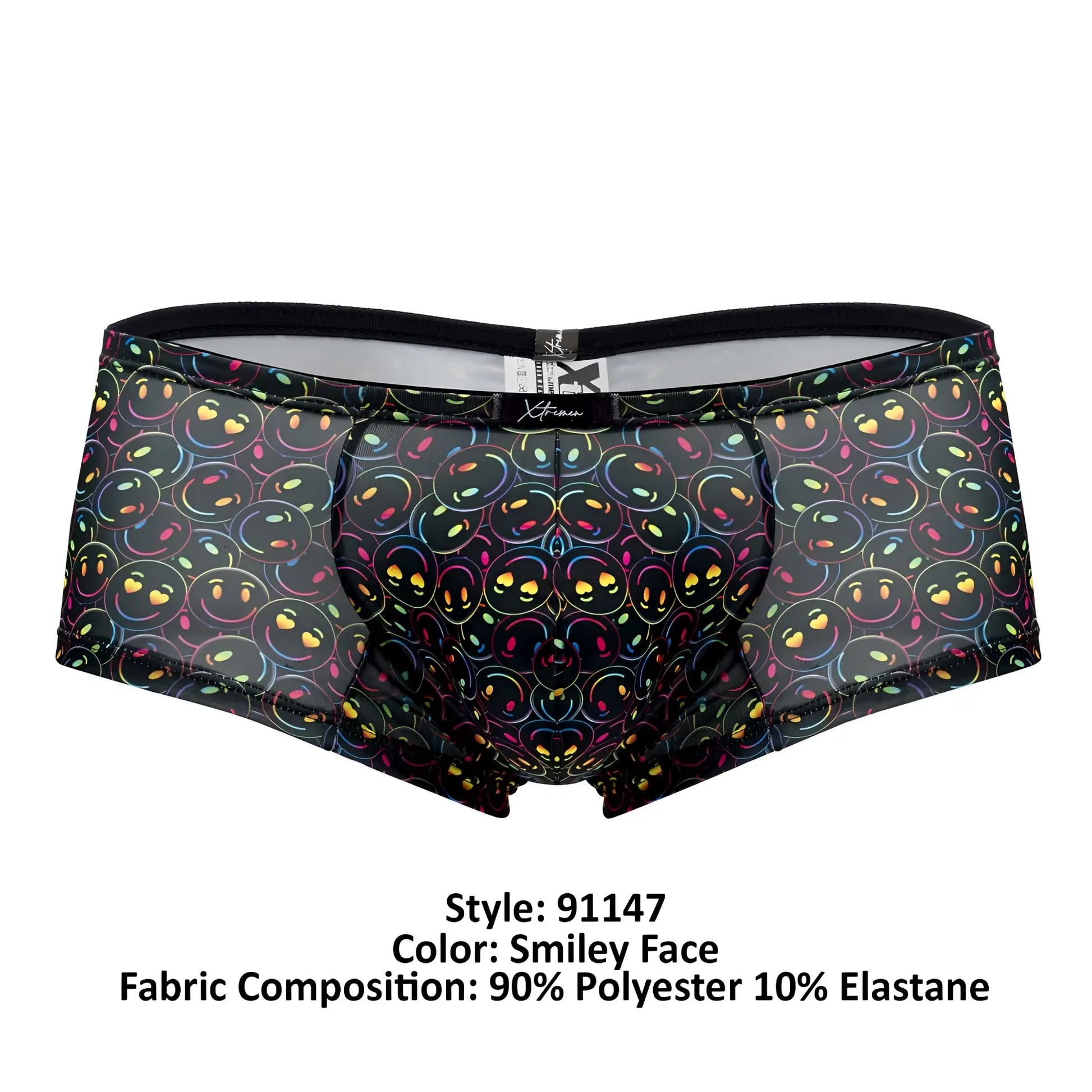 Black sheer microfiber briefs featuring a vibrant rainbow-outlined smiling face and heart pattern xtremen 91147 printed trunks