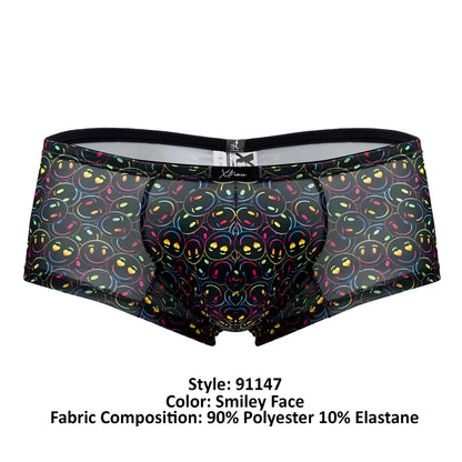 Black sheer microfiber briefs featuring a vibrant rainbow-outlined smiling face and heart pattern xtremen 91147 printed trunks