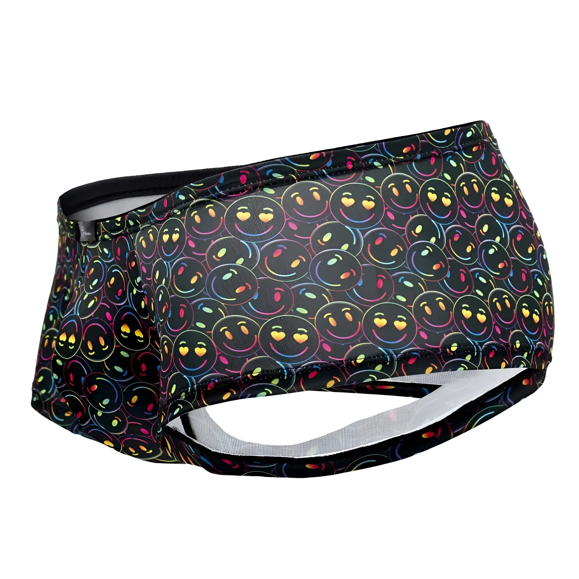 Black Xtremen 91147 printed microfiber swim trunks with vibrant rainbow smiley faces and yellow heart eyes pattern