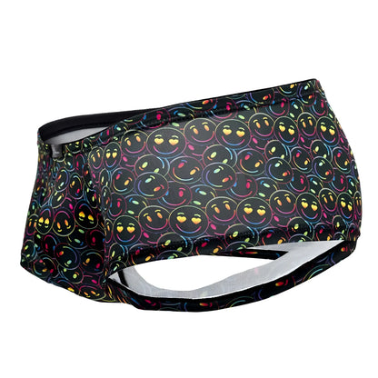 Black Xtremen 91147 printed microfiber swim trunks with vibrant rainbow smiley faces and yellow heart eyes pattern