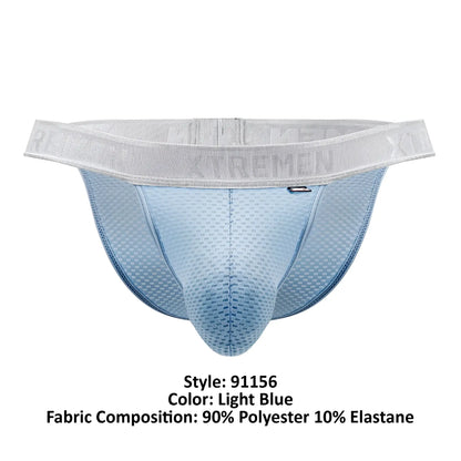 Light blue Xtremen 91156 Capriati bikini briefs with breathable mesh fabric and gray elastic waistband with extreme brand name