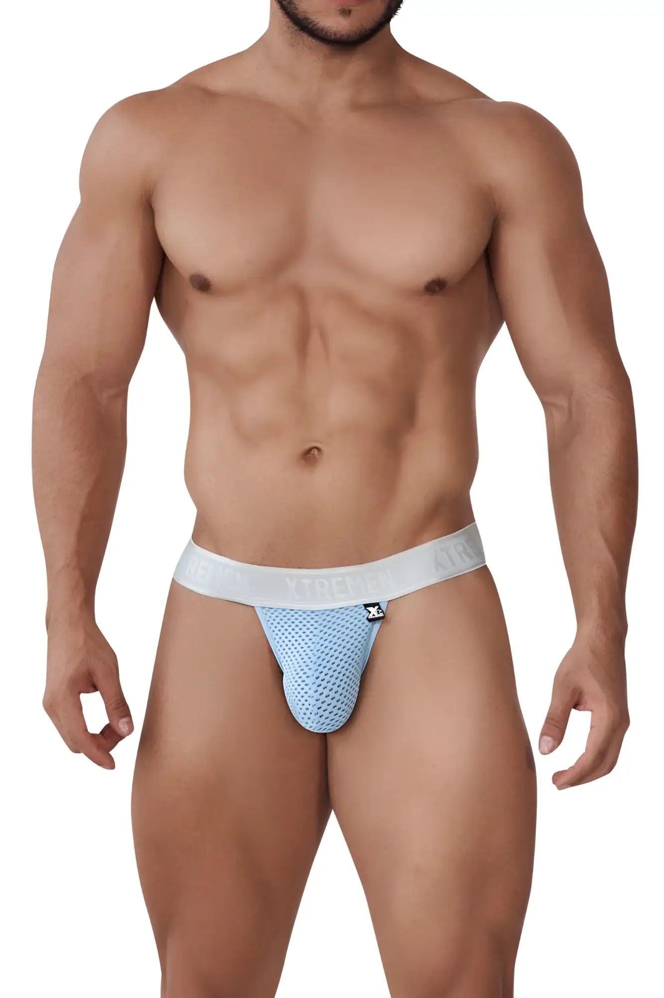 Xtremen 91156 Capriati bikini light blue light blue mesh jockstrap with white waistband and brand logo