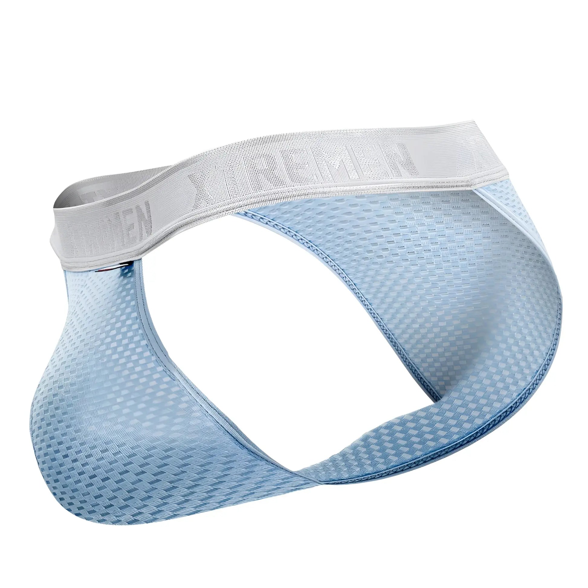 Light blue mesh men’s briefs with gray elastic waistband featuring Xtremen brand name in Capriati bikini style