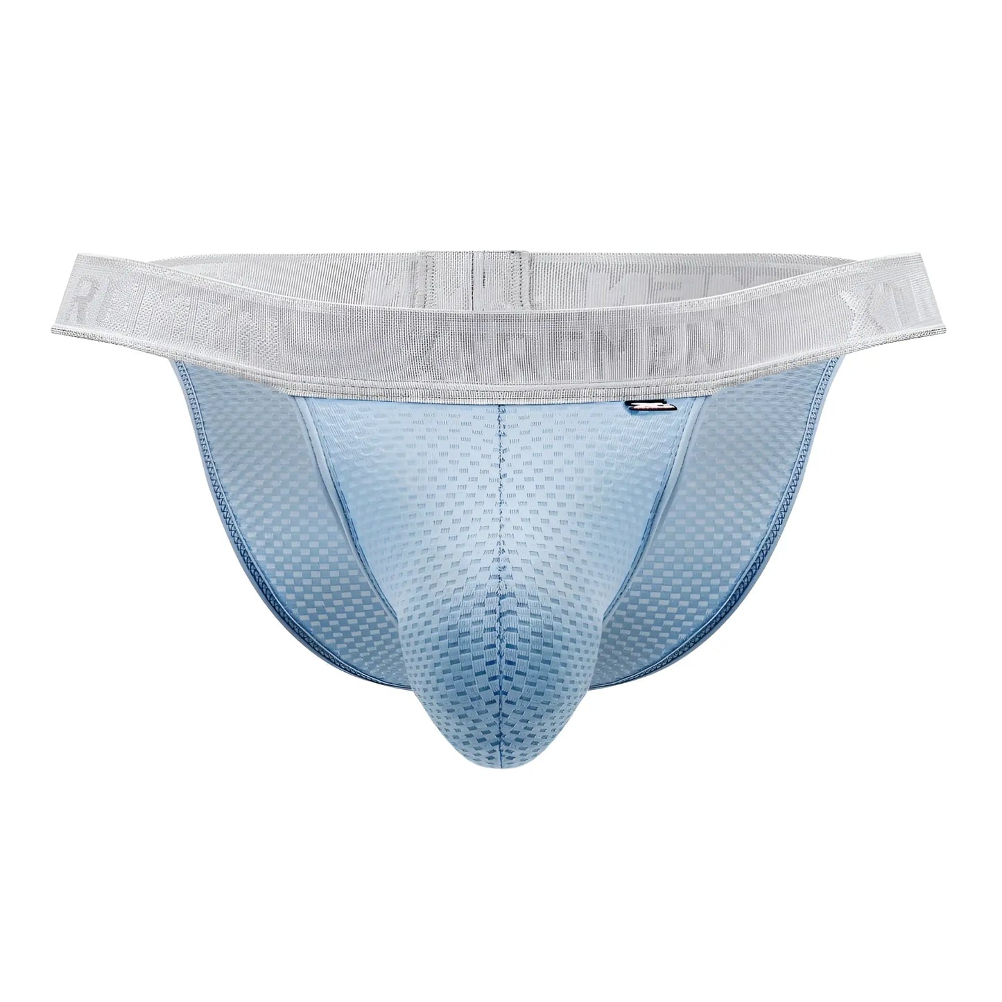 Light blue mesh textured men’s briefs with gray elastic waistband featuring xtremen logo in capriati bikini style