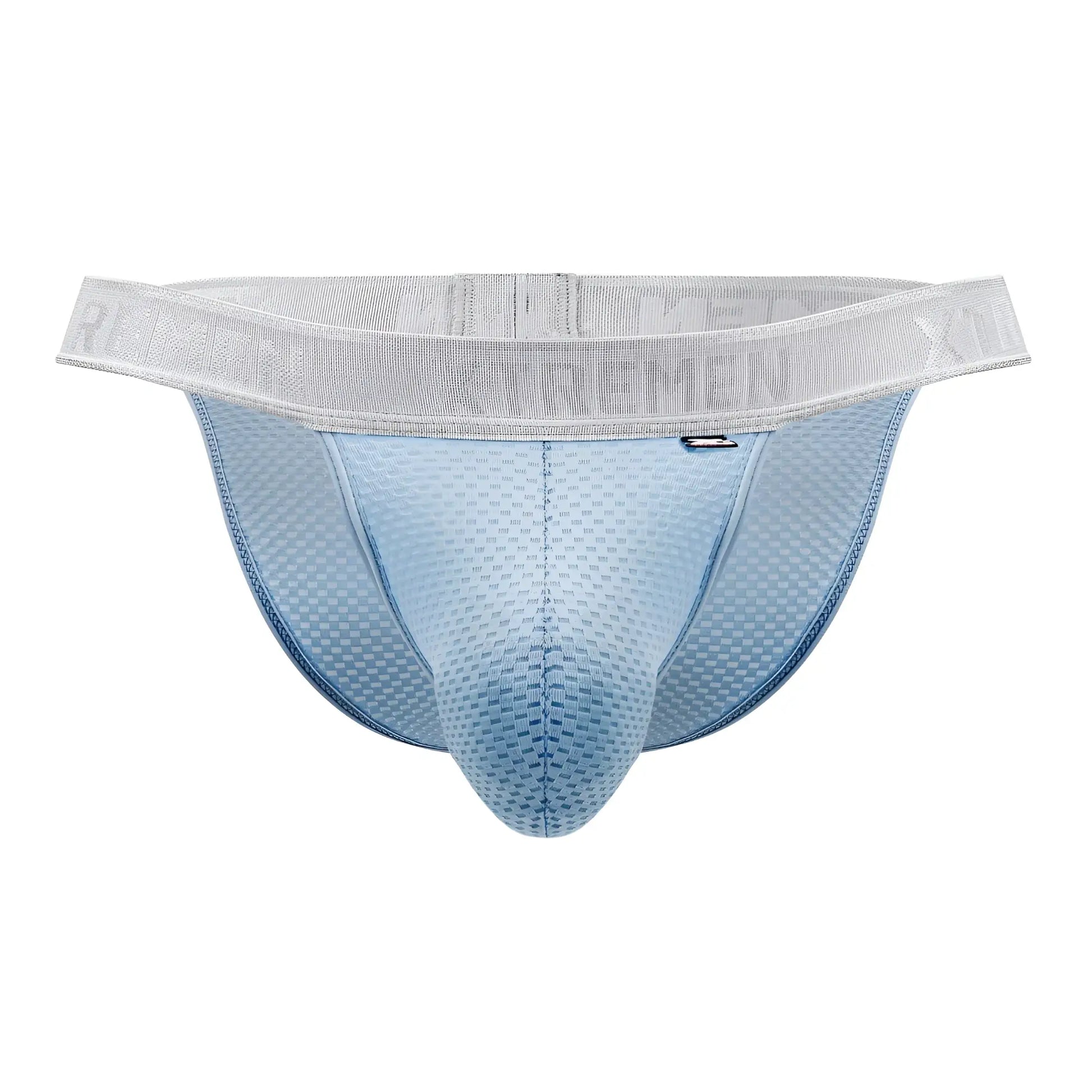 Light blue mesh textured men’s briefs with gray elastic waistband featuring xtremen logo in capriati bikini style