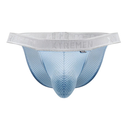 Light blue mesh textured men’s briefs with gray elastic waistband featuring xtremen logo in capriati bikini style