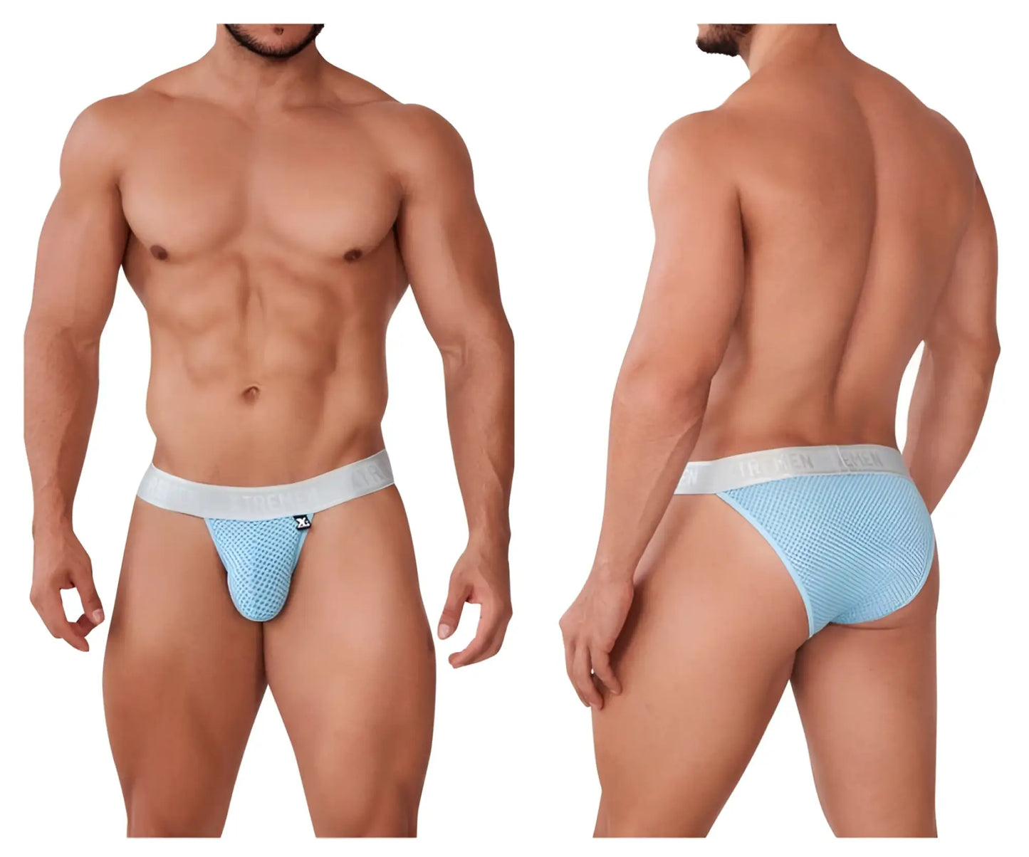 Light blue mesh briefs with a white elastic waistband featuring the Xtremen logo in the 91156 Capriati bikini style