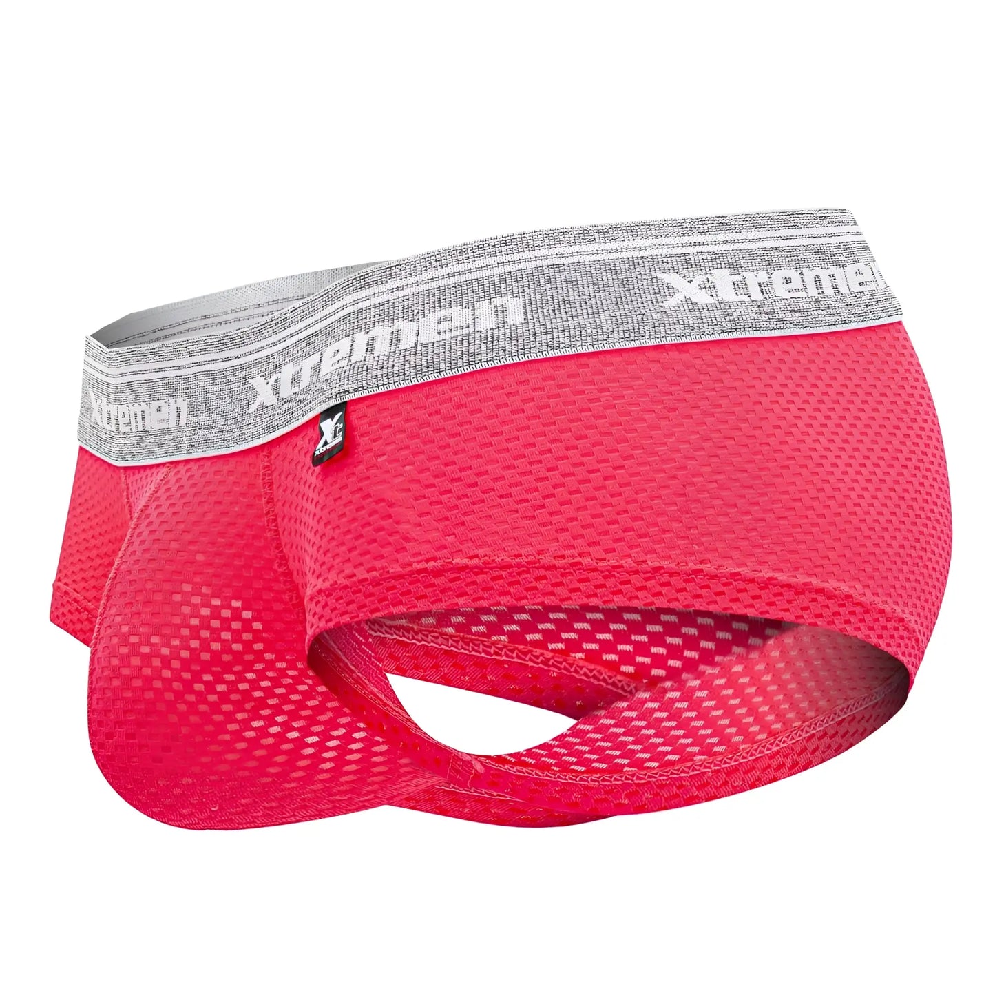 Bright pink mesh men’s underwear with gray elastic waistband featuring xtremen brand in capriati trunks style