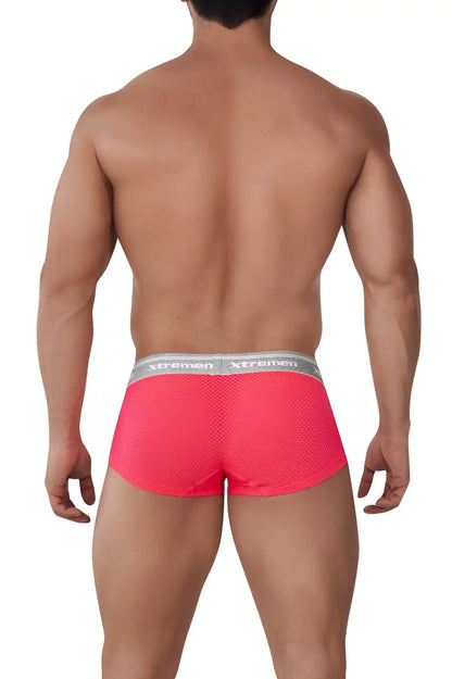 Bright pink xtremen 91158 capriati mesh briefs with silver waistband featuring xtremen brand name in candy color